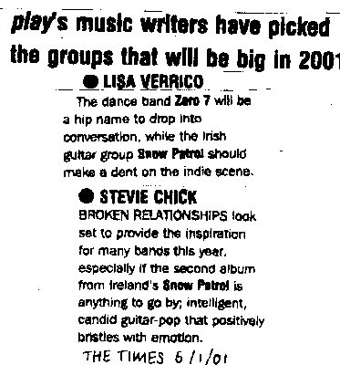 Times - Play's Music Writers Have Picked The Groups That Will Be Big in 2001